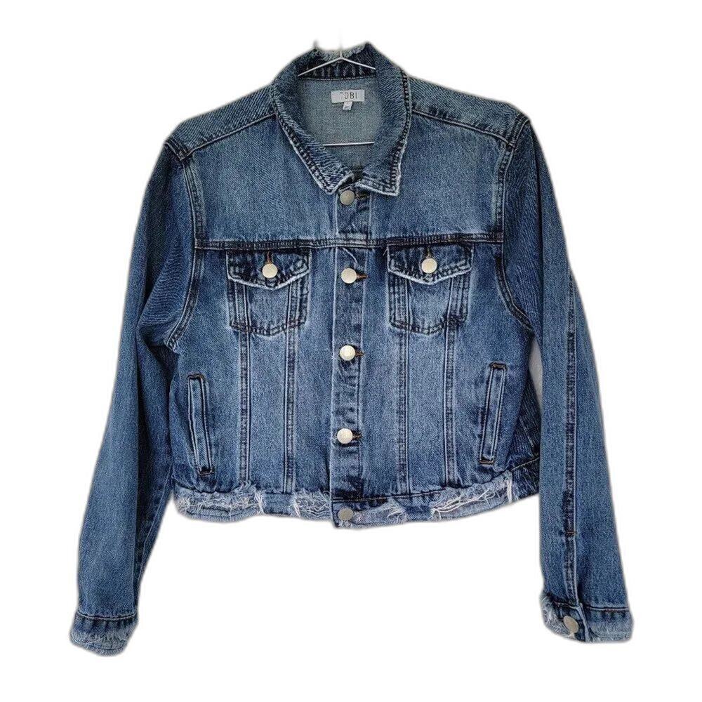 Tobi Cropped Denim Jacket Blue Distressed Raw Hem Womens Size L Medium Wash